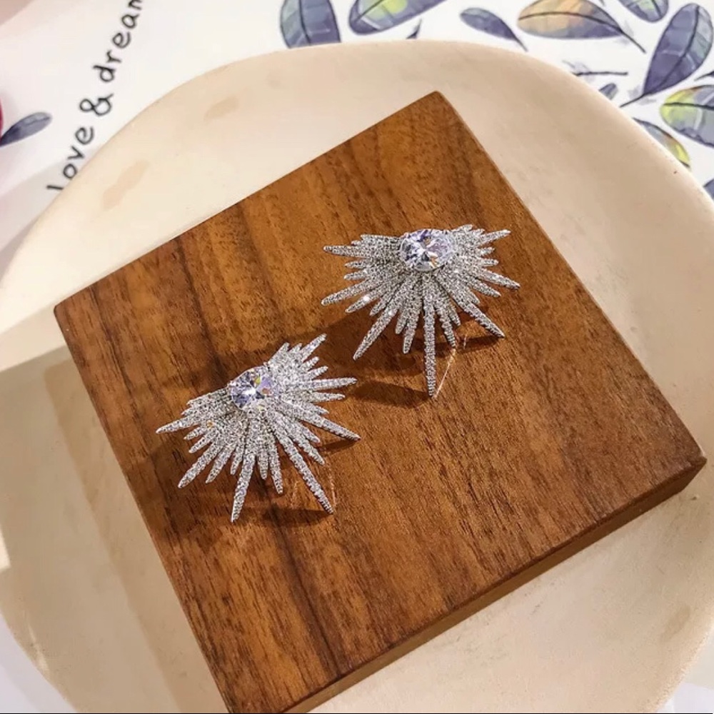 Silver Starburst Cluster Rhinestone Earrings - Picture 5 of 8